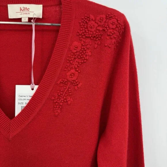 Kilte Collection 100% Washable Cashmere Celine V-Neck Sweater Cherry Red sz 2 M - Picture 3 of 8